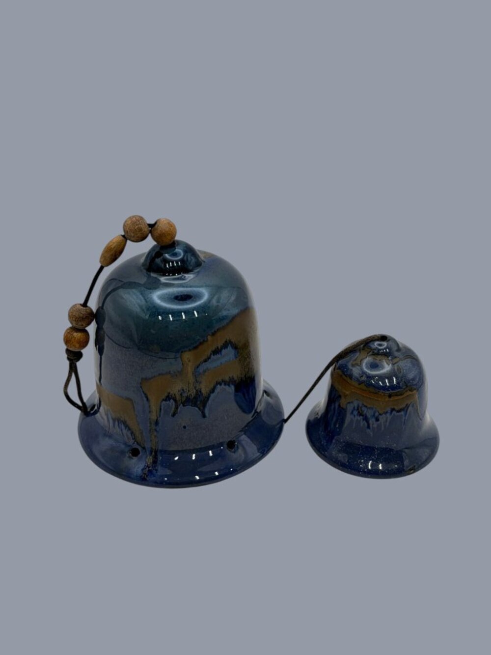 Handmade Raku Pottery Wind Chime | Blue & Brown Glazed Ceramic Bells - Picture 4 of 10